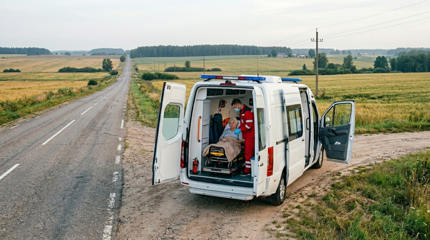 Перевозка пожилого больного с Украины в Россию — санитарный автомобиль партнёра в пути