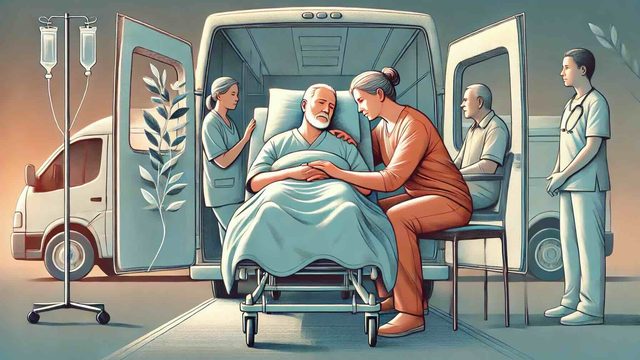 Сопровождающая держит пожилого пациента за руку во время перевозки